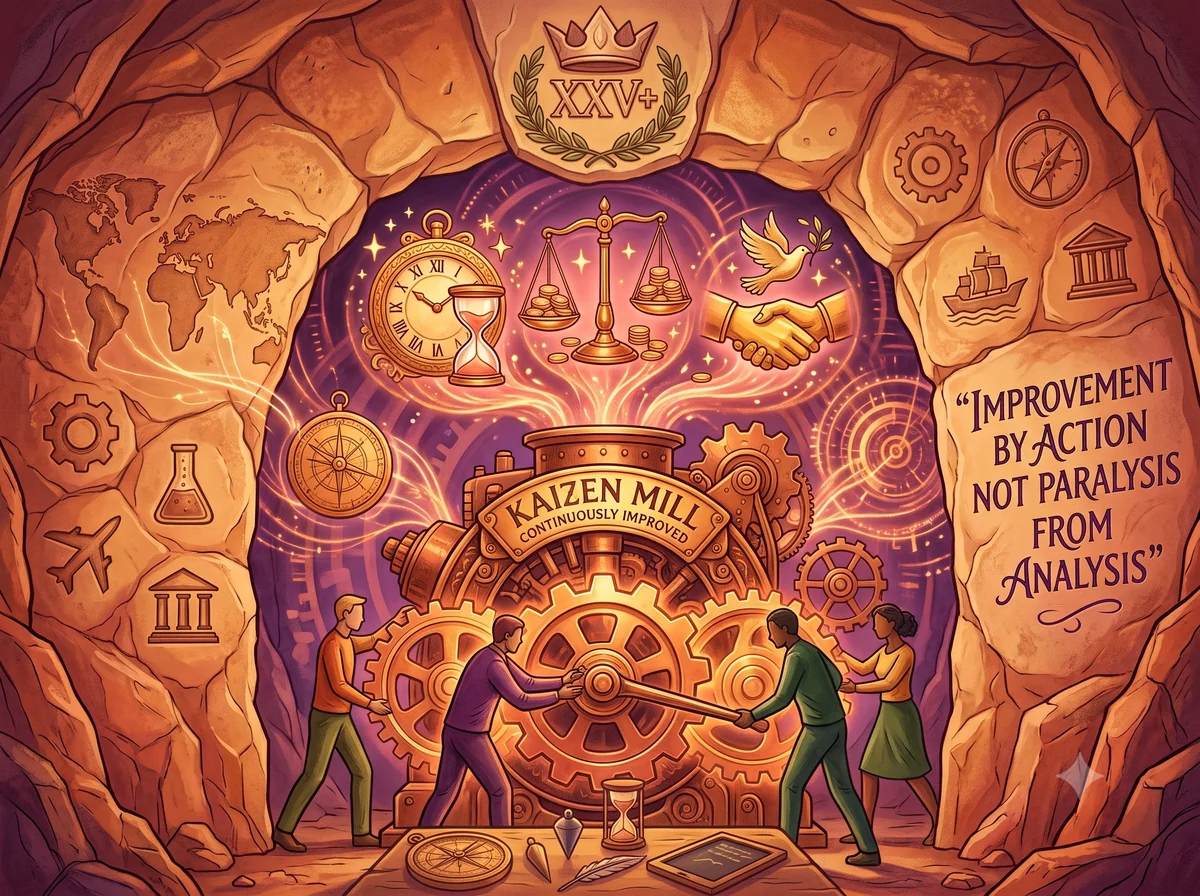 Illustration: four people turning the gears of a machine labelled Kaizen Mill, surrounded by symbols of the sectors and countries the work has covered, under the motto 'improvement by action, not paralysis from analysis'