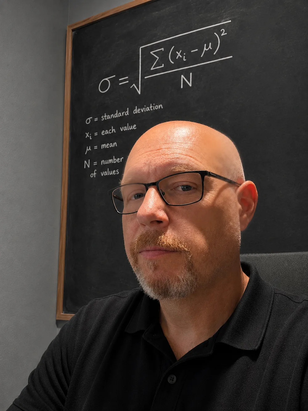 David Hunt in front of a blackboard showing the standard deviation formula