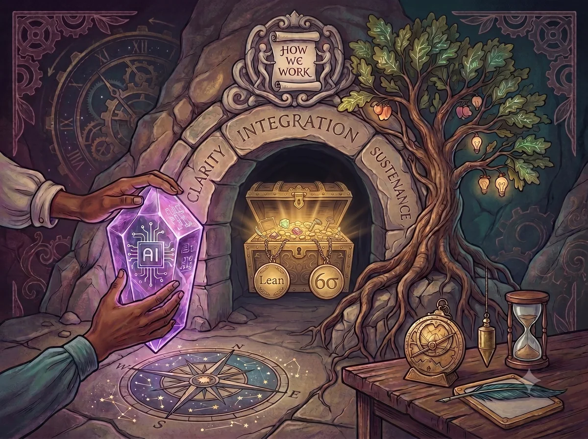 Illustration: hands holding a glowing crystal marked AI beside a stone archway inscribed clarity, integration and sustenance, leading to a treasure chest tagged Lean and Six Sigma, with a tree, an hourglass and navigation instruments around it