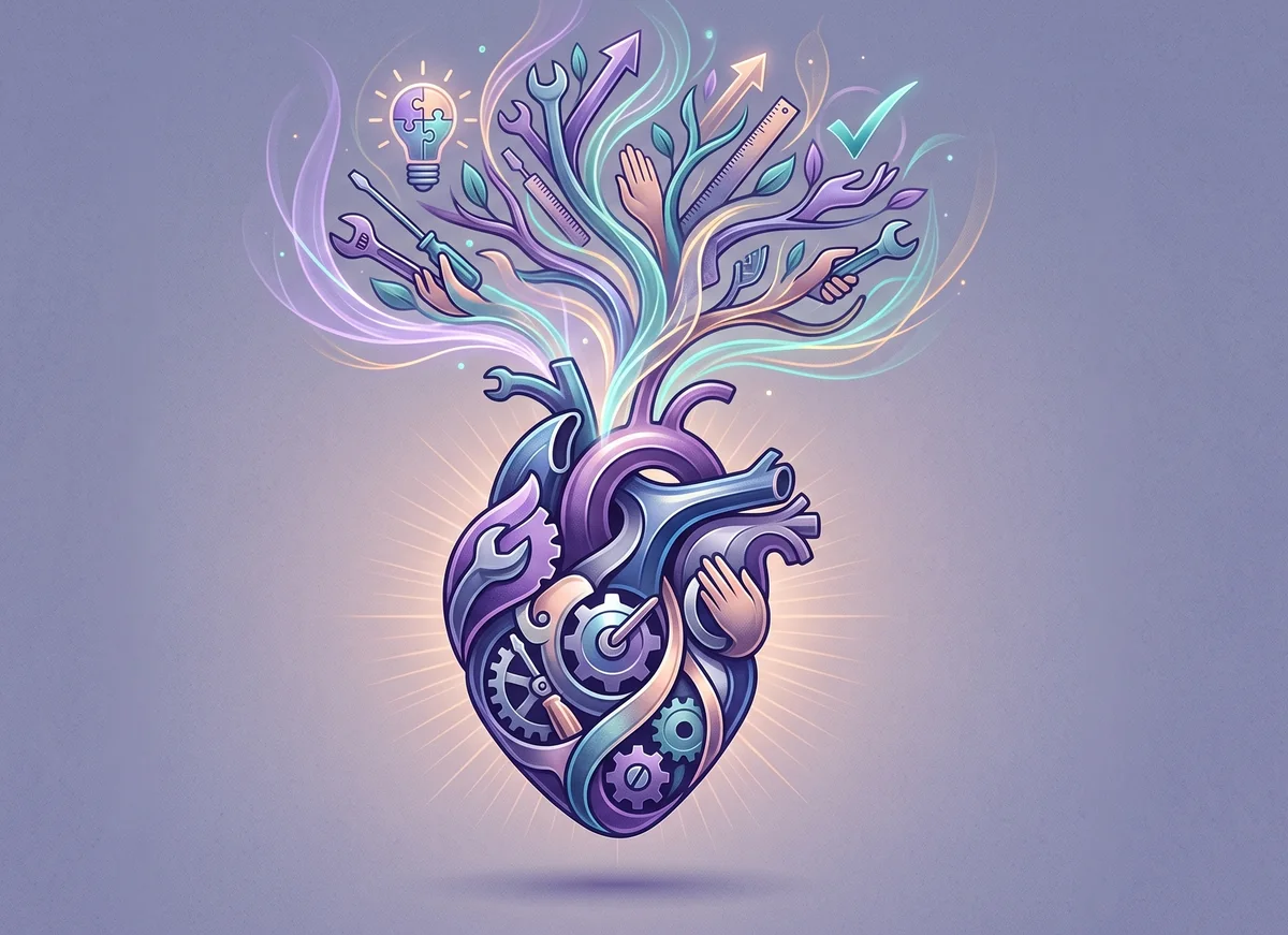 Illustration: a mechanical heart built from gears and tools, with tools, a lightbulb and rising arrows branching out of it like a tree